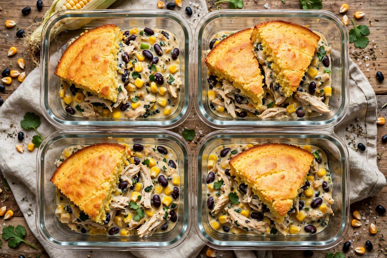Portions of chicken cornbread casserole in glass containers