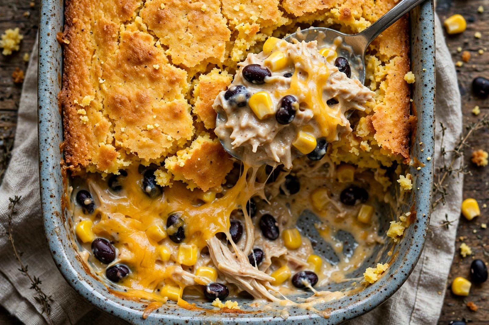 Close-up of a spoonful of casserole showing creamy chicken filling under the cornbread layer