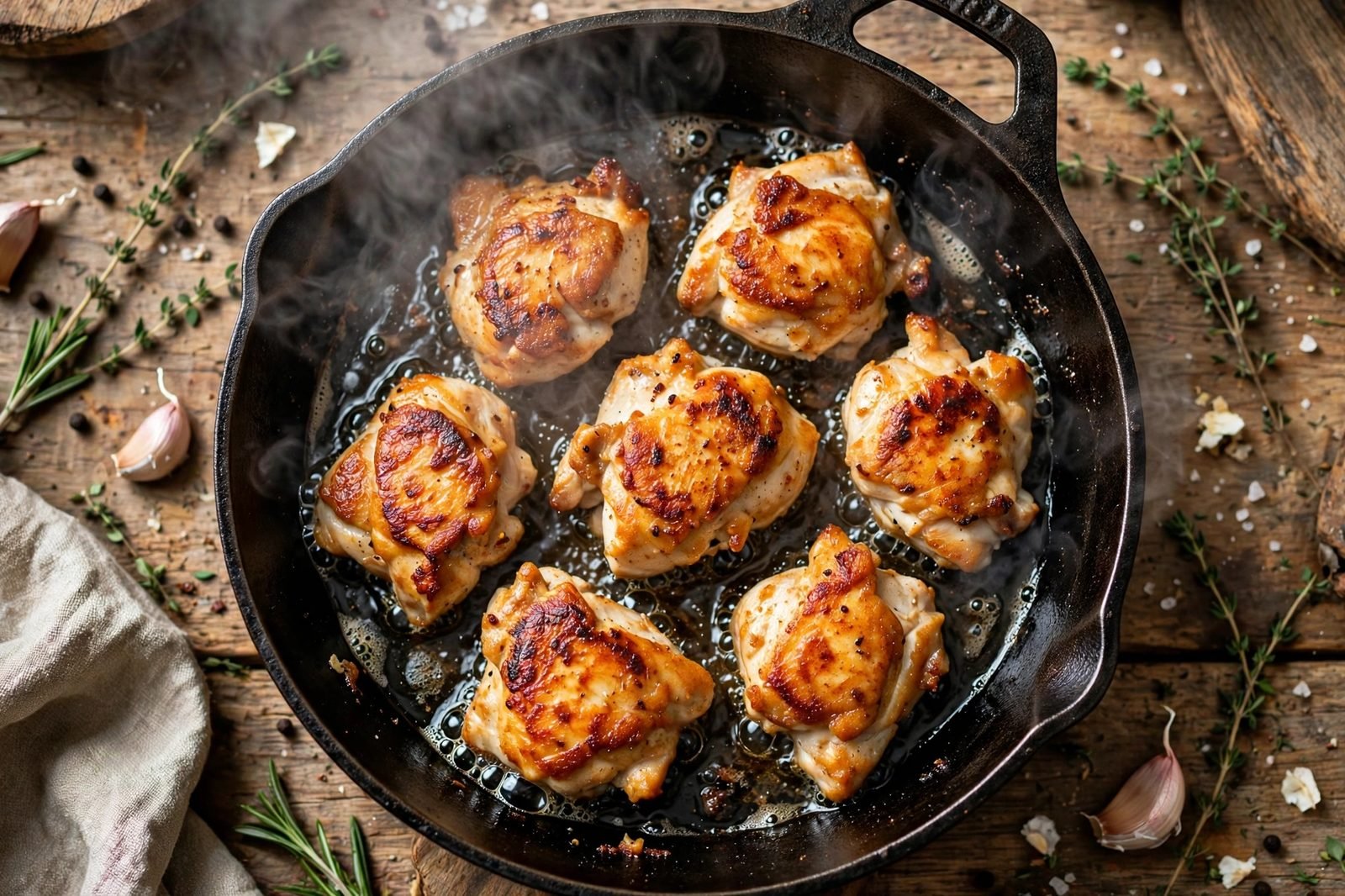 Golden chicken pieces searing in a hot skillet
