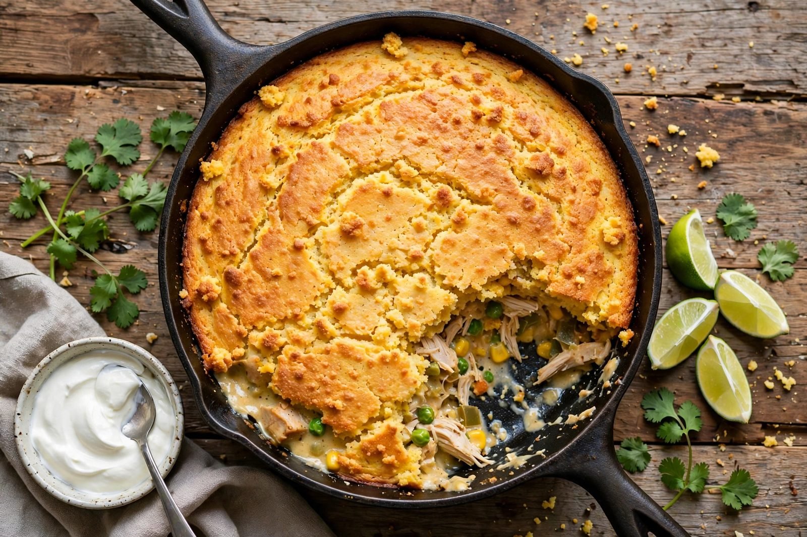 Skillet of chicken cornbread casserole on the table with a portion scooped out, lime wedges, and sour cream