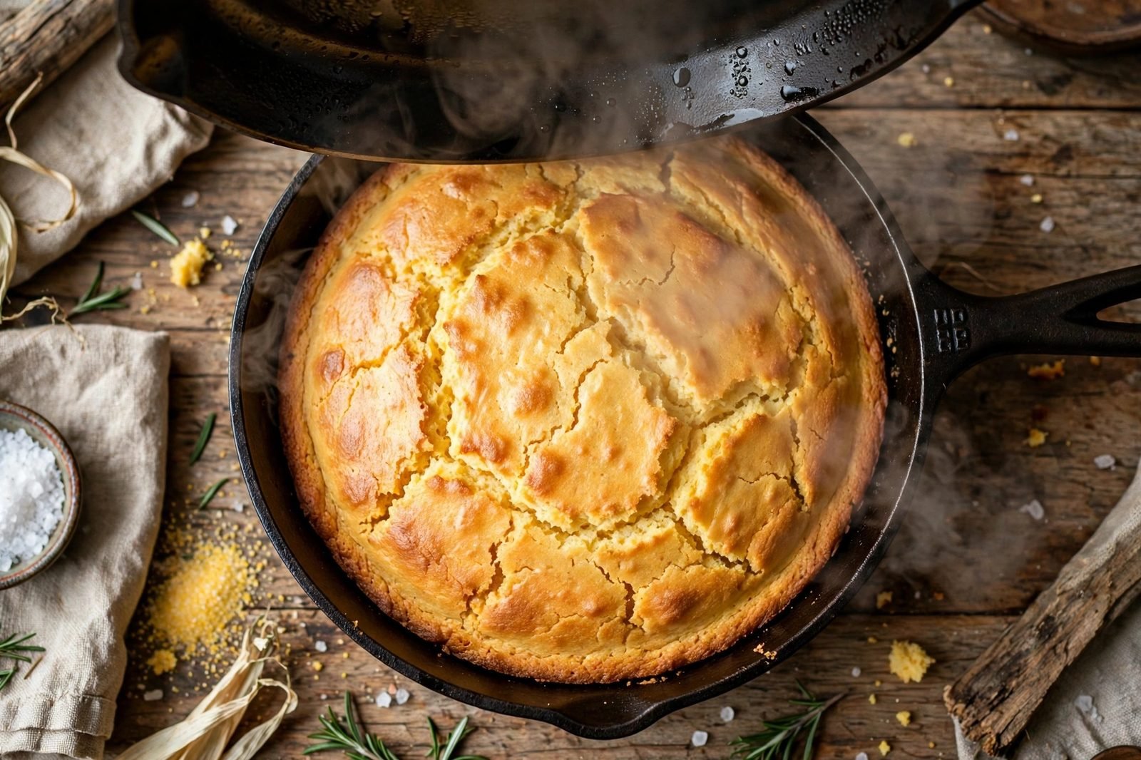Covered skillet with puffed, set cornbread top, lid lifted with steam