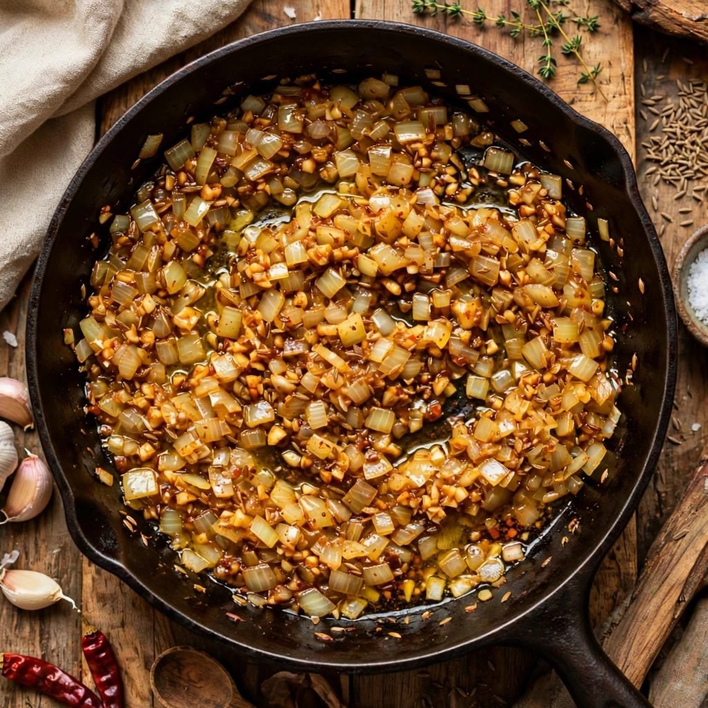 Diced onion and garlic softening in a skillet with chili powder and cumin