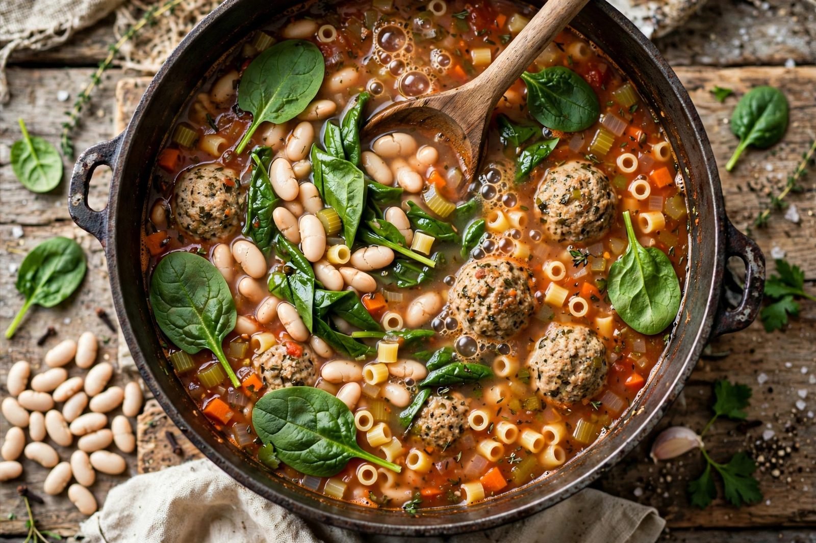 Cannellini beans and spinach being stirred into the simmering soup