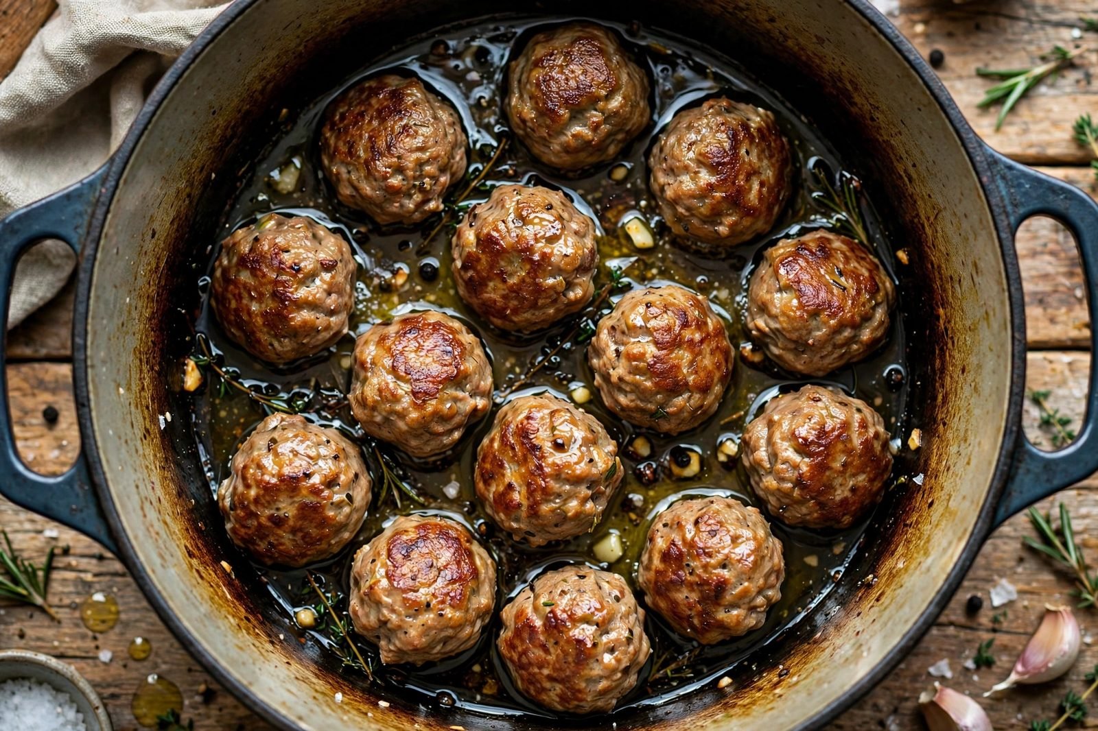 Turkey meatballs browning in a Dutch oven, golden on the bottoms