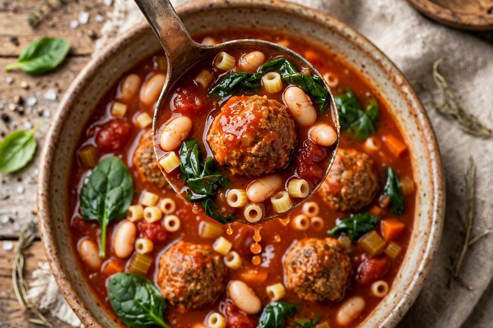 Close-up of a ladle of minestrone showing meatball, beans, ditalini, and spinach in glossy broth