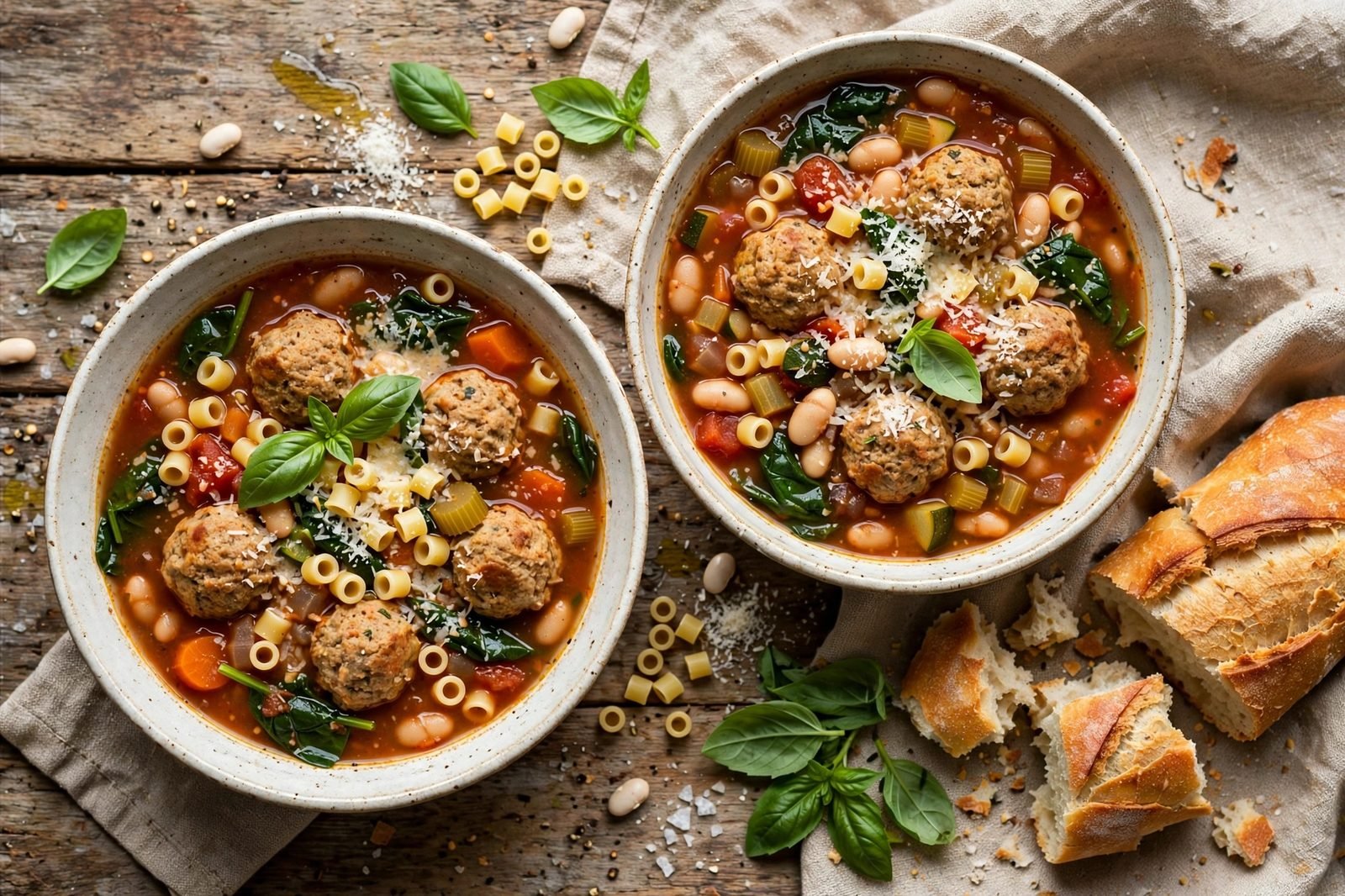 Two bowls of minestrone with turkey meatballs, white beans, ditalini, spinach, grated Parmesan, basil, and crusty bread — rustic Italian table