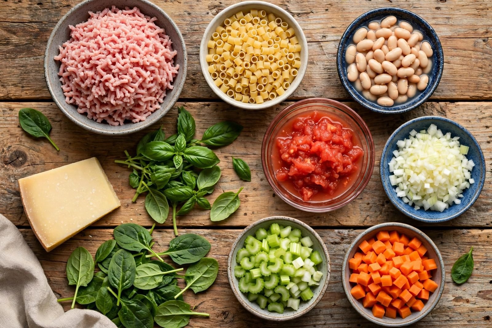 Ingredients for minestrone: ground turkey, ditalini, canned beans, crushed tomatoes, soffritto vegetables, spinach, Parmesan, basil
