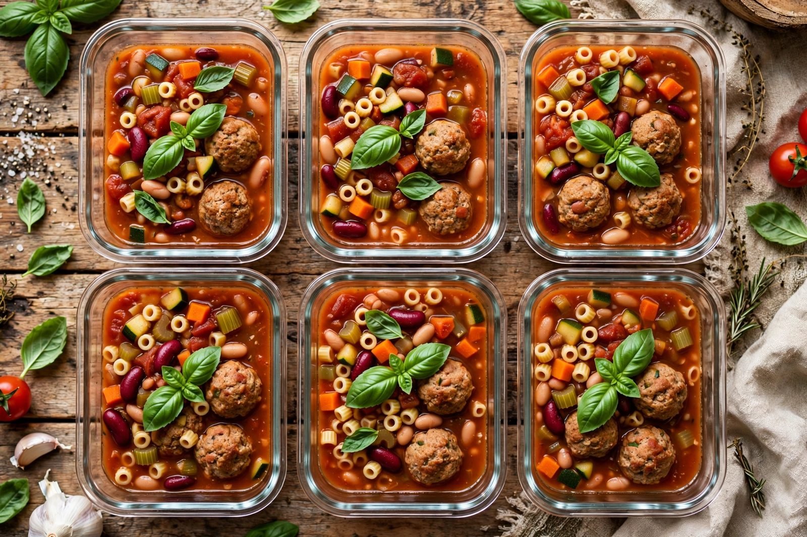 Portioned minestrone in glass meal-prep containers