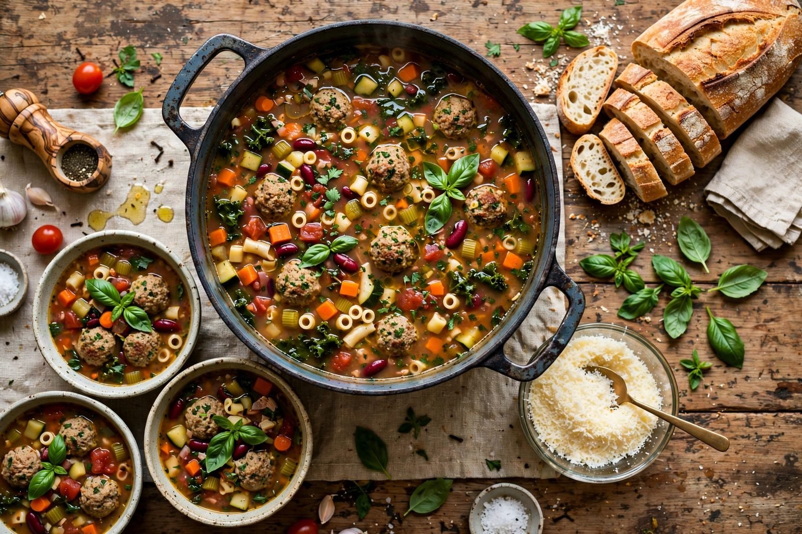 Overhead spread of the soup pot, bowls, bread basket, Parmesan wedge, and basil