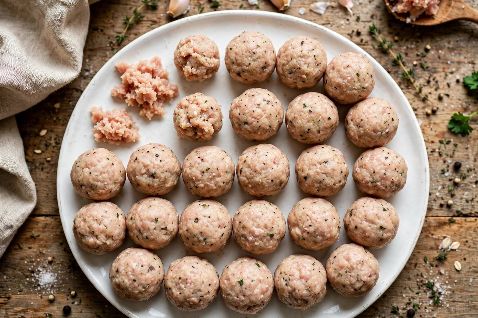 Close-up of 12 tablespoon-size turkey meatballs rolled and lined up on a plate