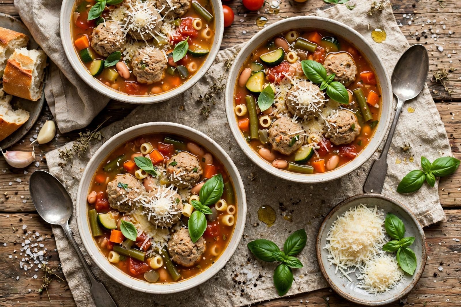 Two bowls of minestrone with a Parmesan shower and basil, crusty bread on the side