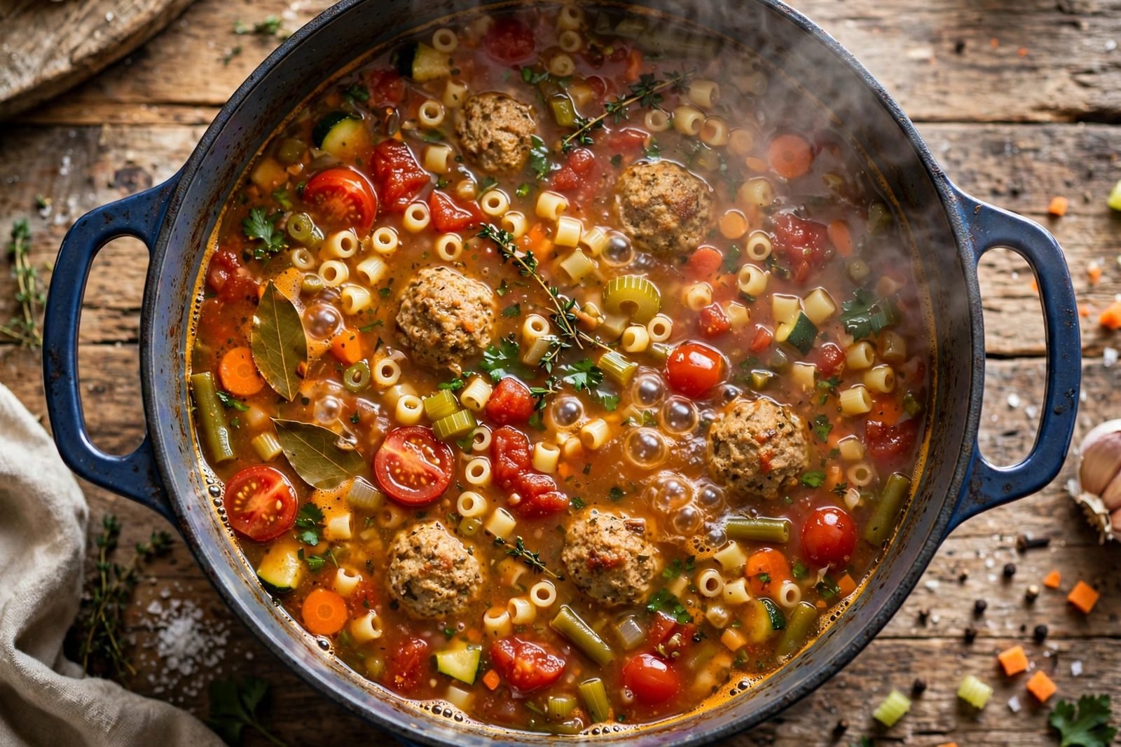 Soup simmering with meatballs and ditalini visible in the tomato broth, steam rising