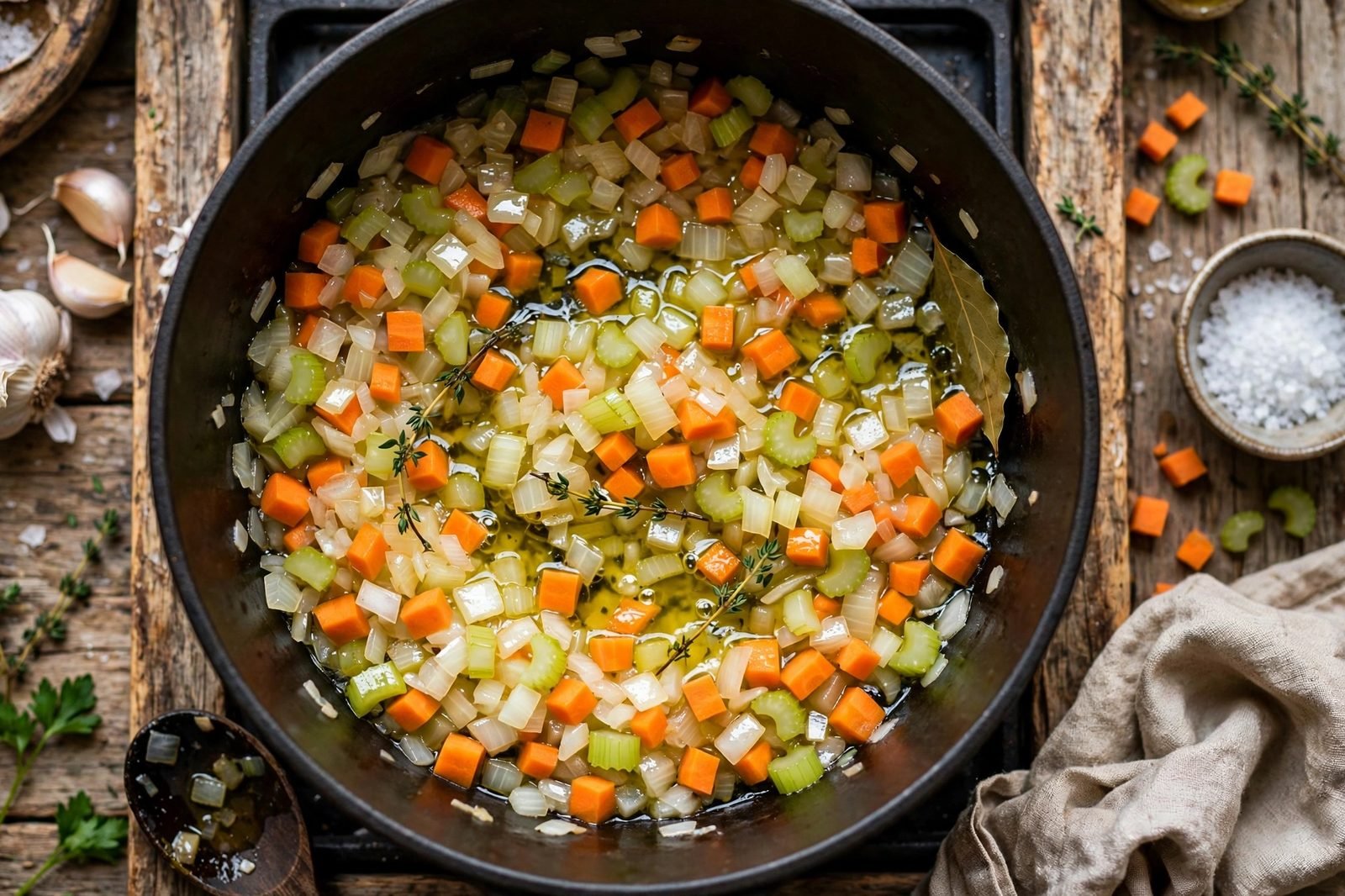 Diced onion, carrot, and celery softening in a Dutch oven