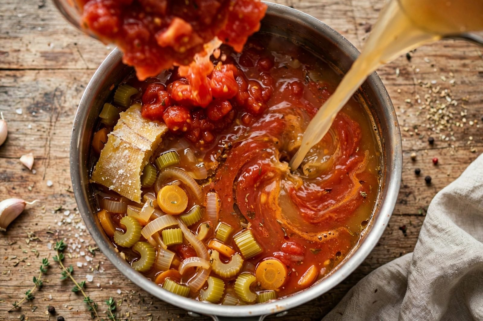 Crushed tomatoes and broth being poured into the pot with a Parmesan rind going in