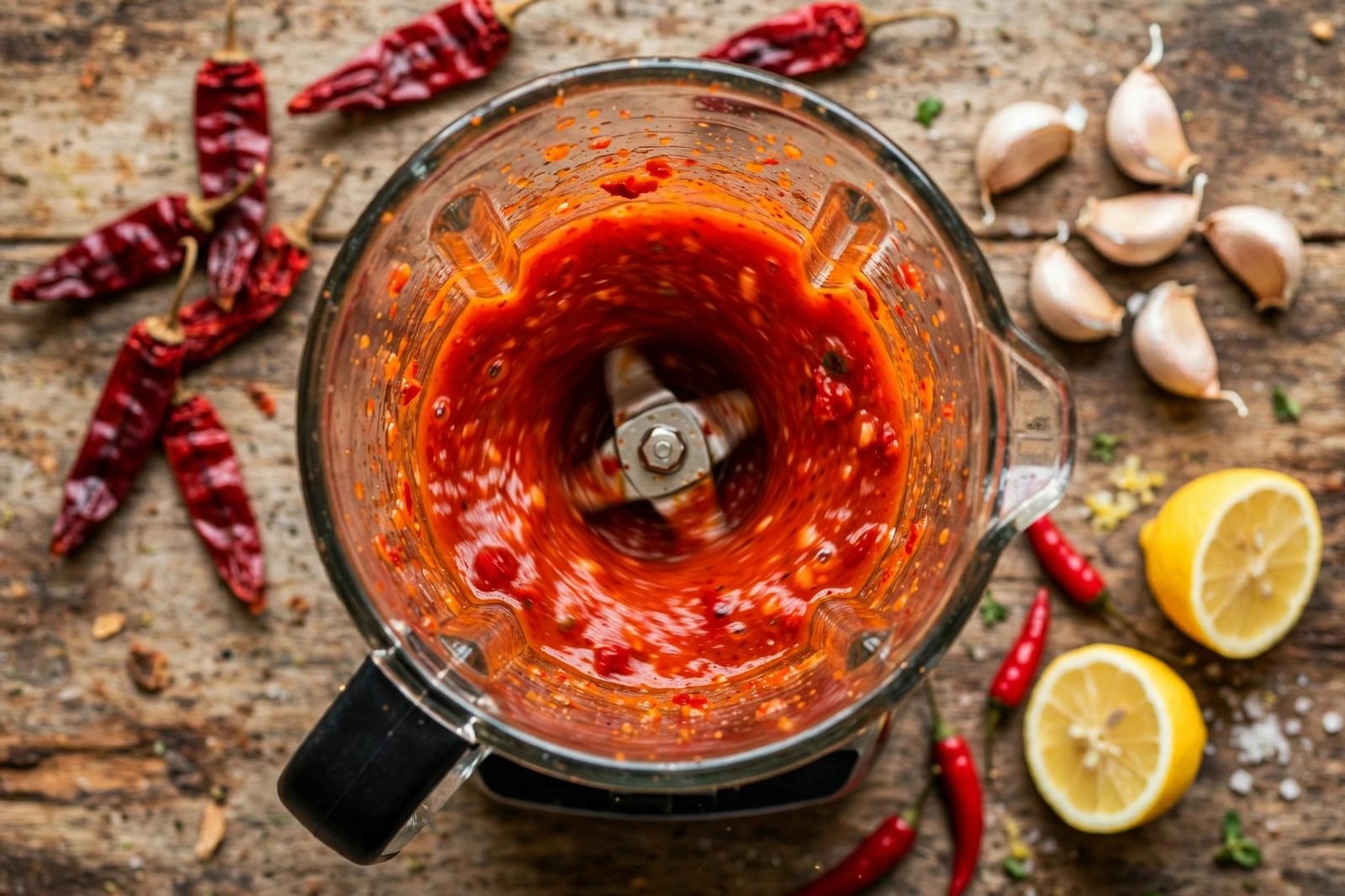 Blended red peri peri sauce in a blender jar with dried chiles, garlic, and lemon