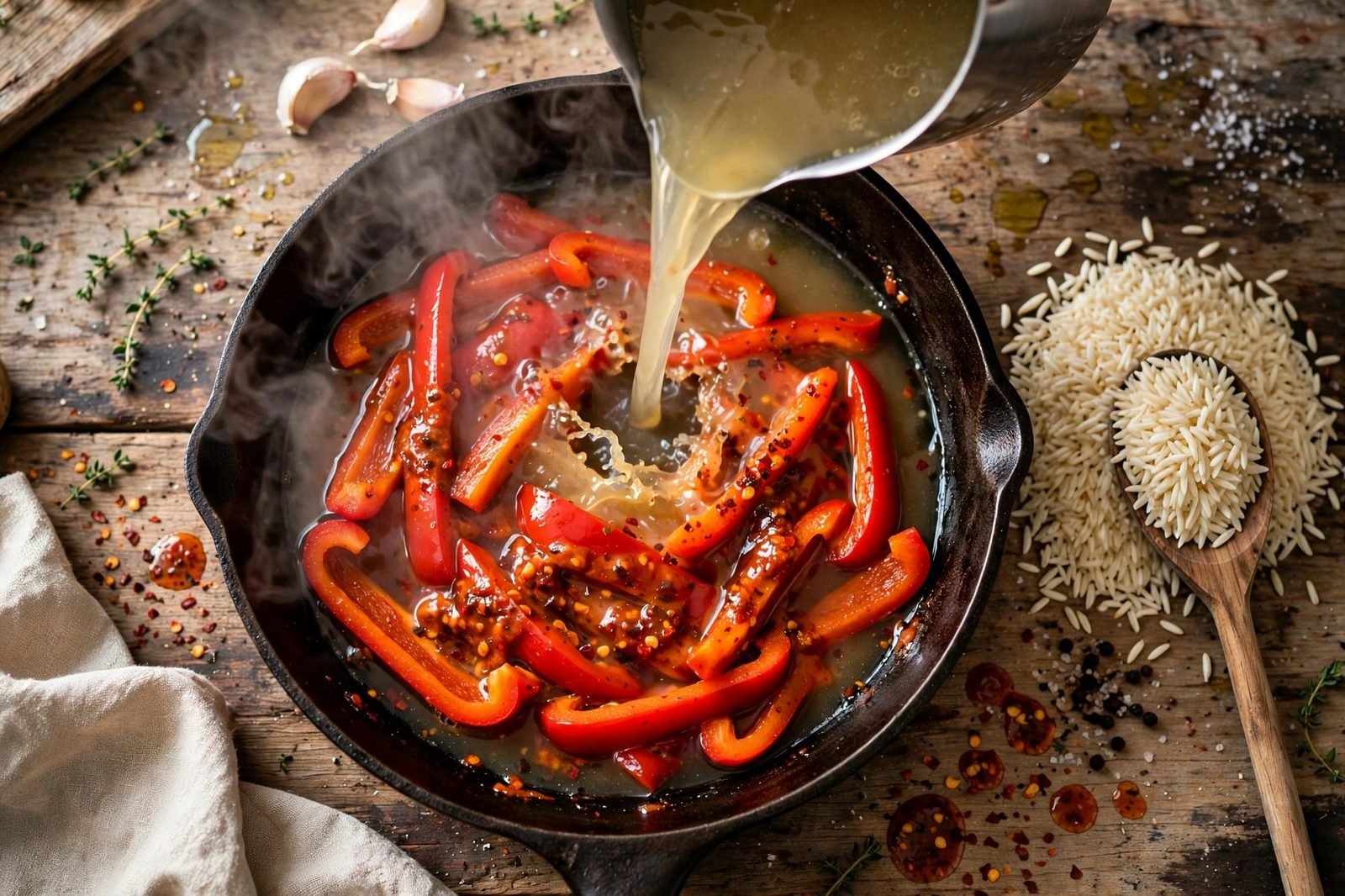 Chicken broth being poured into a skillet of peri peri sauce and peppers with uncooked instant rice