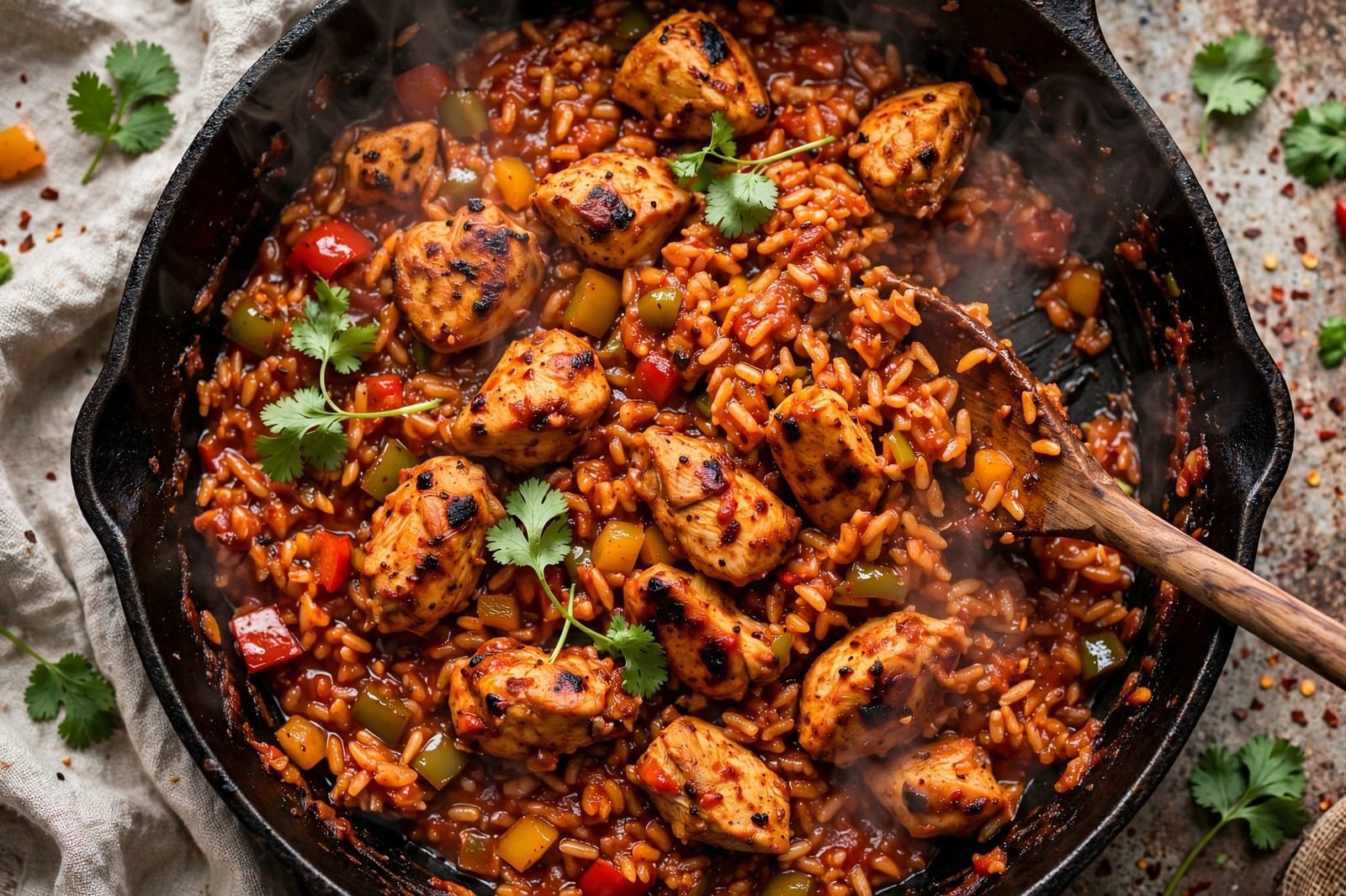 Close-up of peri peri chicken pieces being stirred into saucy rice with bell peppers in a skillet