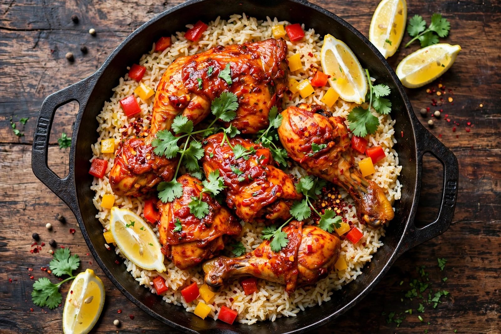 Overhead view of peri peri chicken and rice in a cast iron skillet with red and yellow bell peppers, cilantro, and lemon wedges