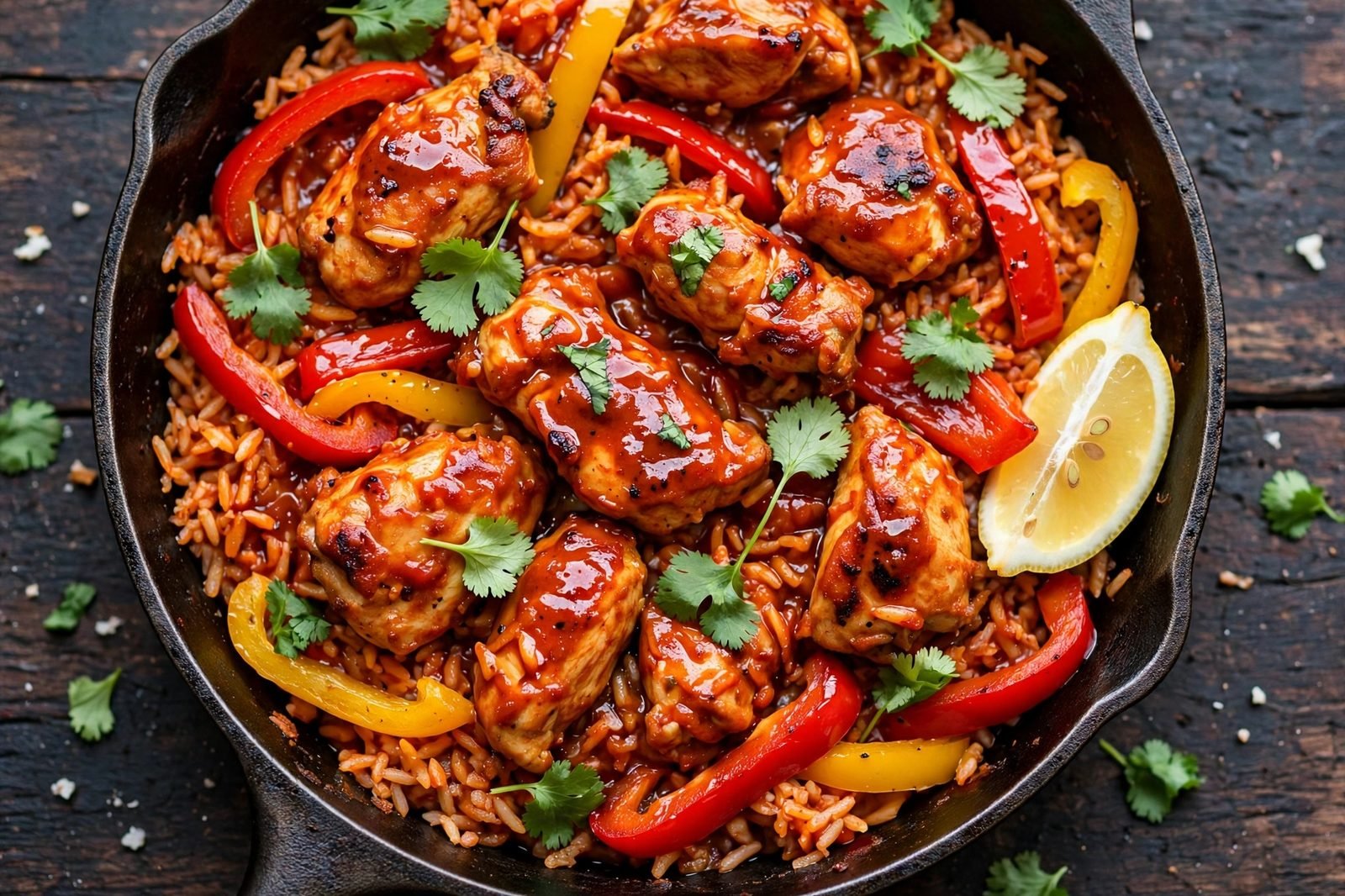 Close-up of finished peri peri chicken and rice in a skillet with peppers and cilantro
