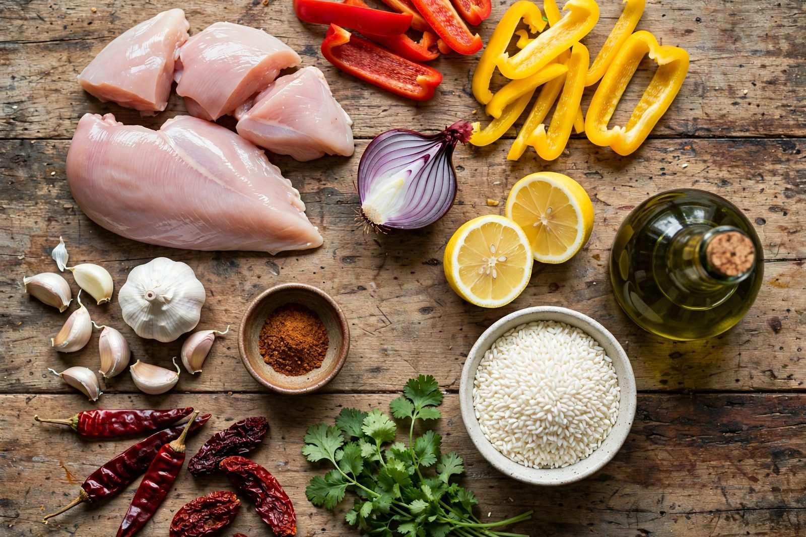 Ingredients for peri peri chicken and rice laid out on a wooden counter: raw chicken pieces, bell peppers, lemon, dried chiles, garlic, and spices