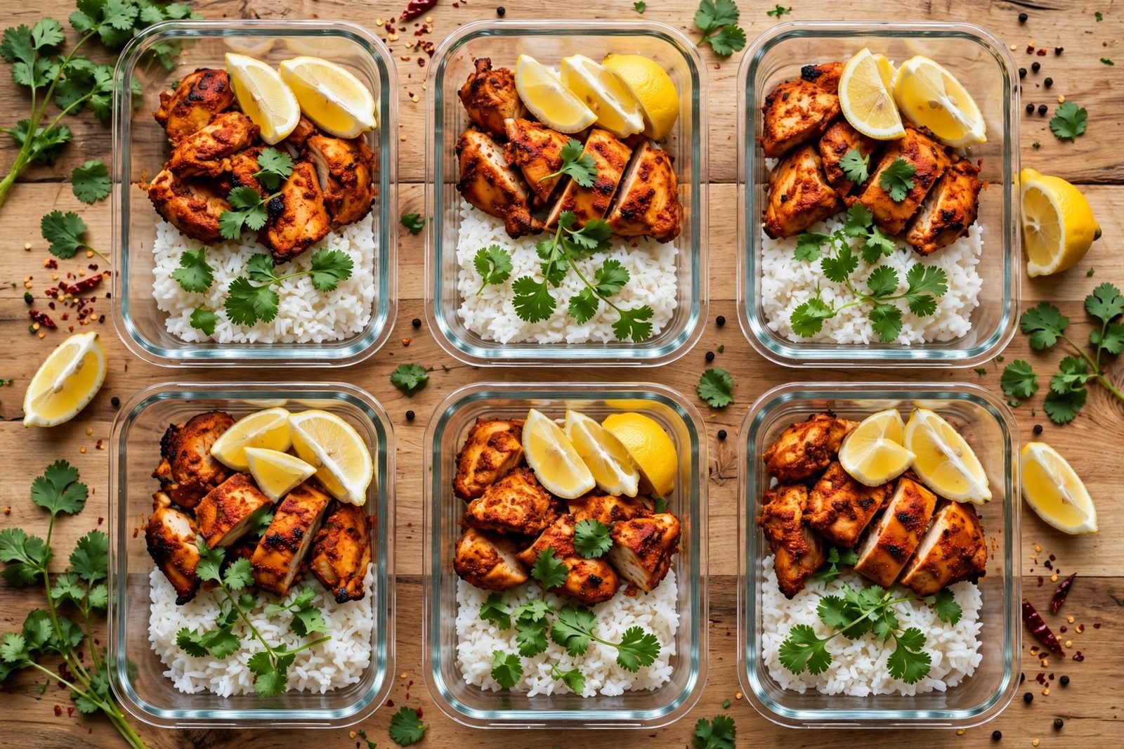 Glass meal-prep containers portioned with peri peri chicken and rice, lemon wedges, and cilantro