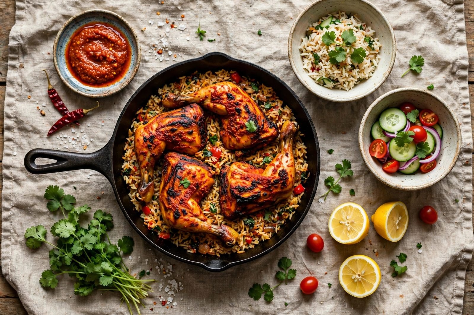 Table spread with a skillet of peri peri chicken and rice, served bowls, extra sauce, lemon, and cilantro