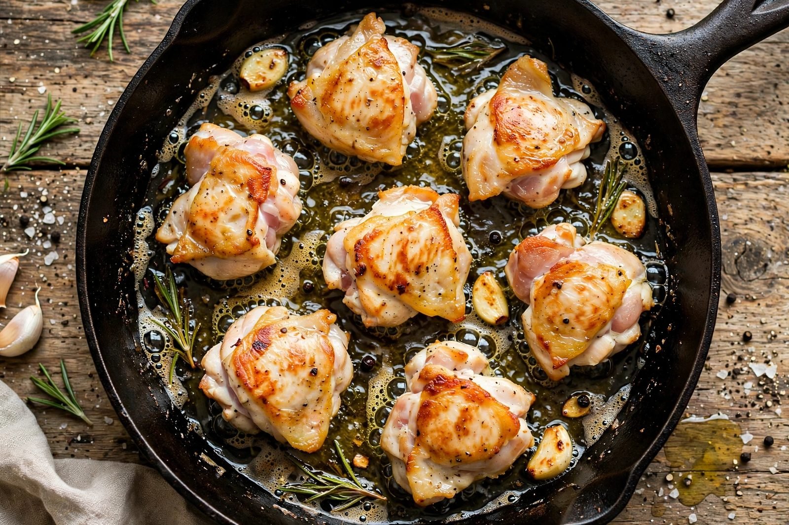 Golden chicken pieces searing in a large skillet