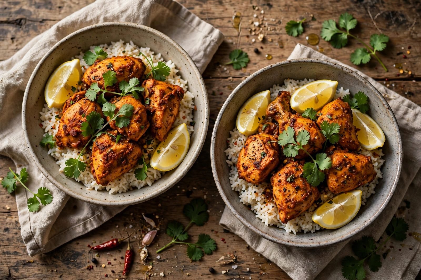 Two bowls of peri peri chicken and rice topped with cilantro and lemon wedges