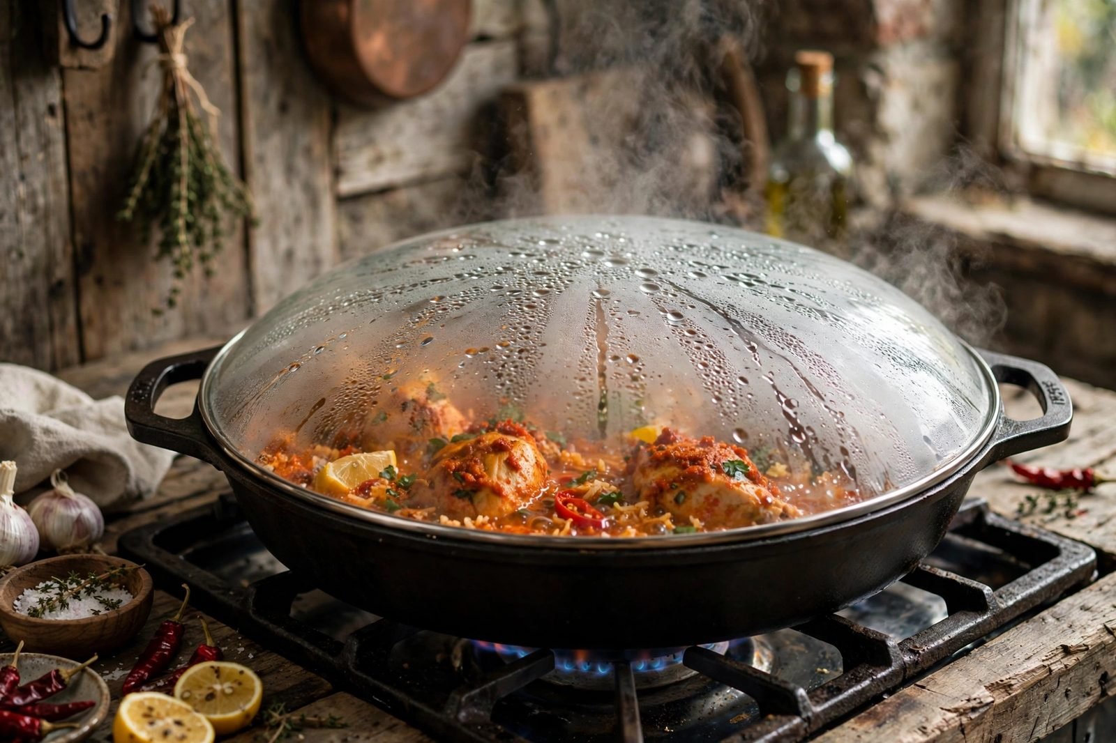Skillet of peri peri chicken and rice simmering under a glass lid on a stovetop