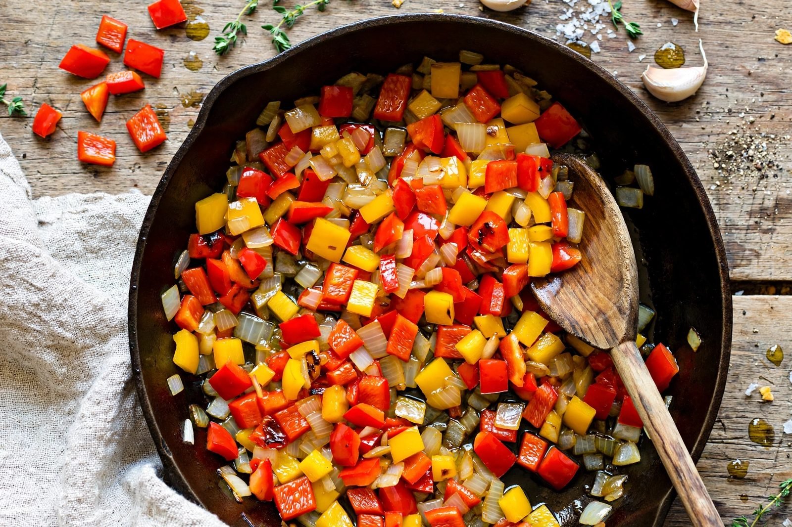 Diced red and yellow bell peppers and onion cooking in a skillet with a wooden spoon