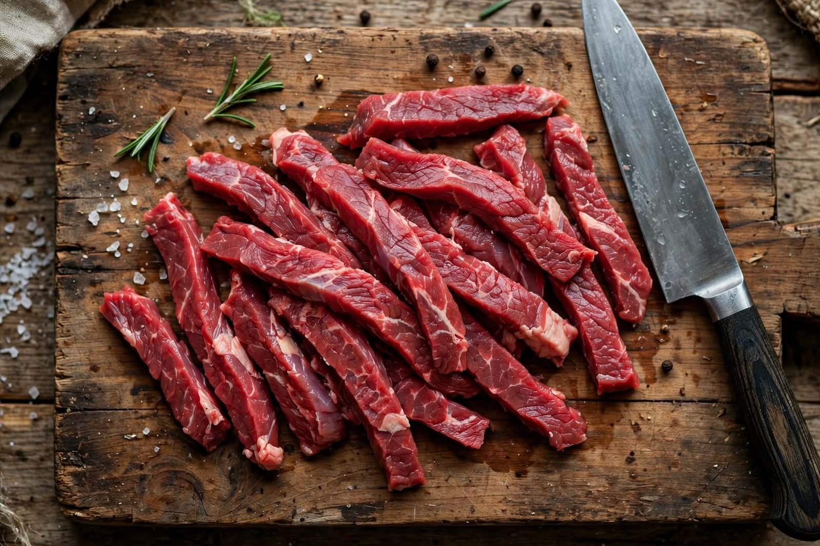 Beef sliced into thin strips across the grain on a cutting board
