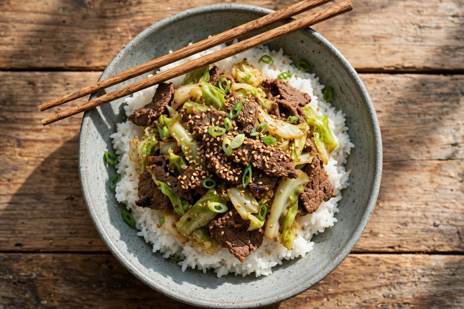 Beef and cabbage stir-fry served over rice in a bowl