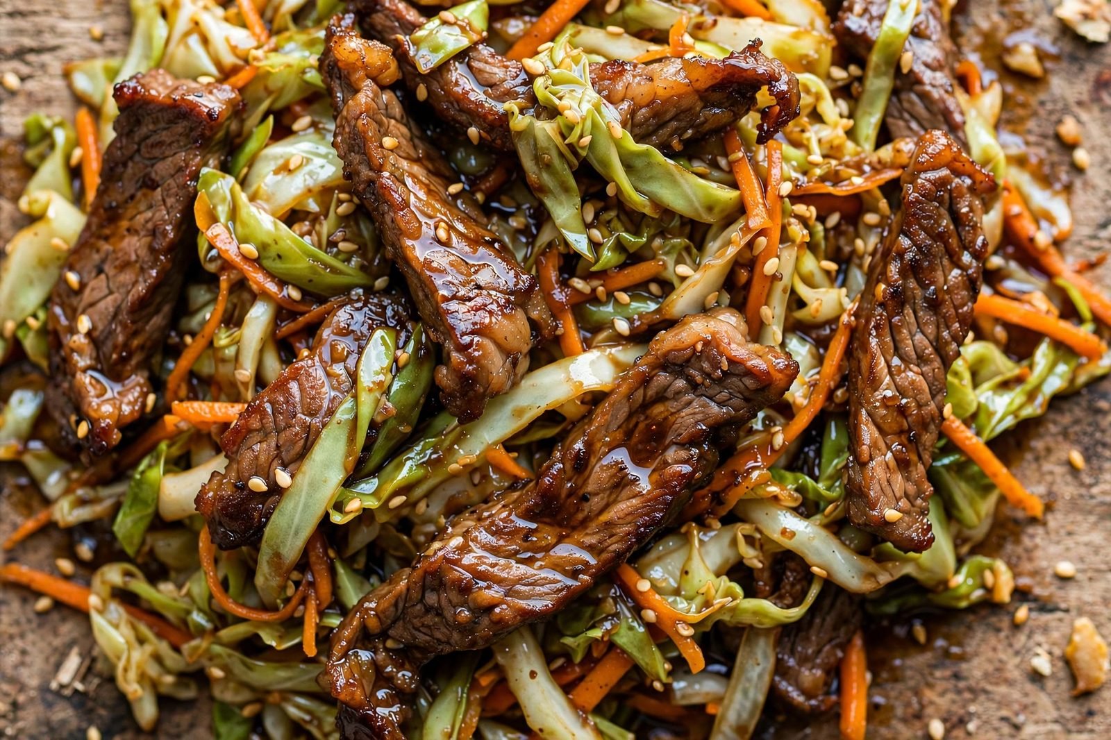 Close-up of glossy beef and cabbage stir-fry with sesame seeds