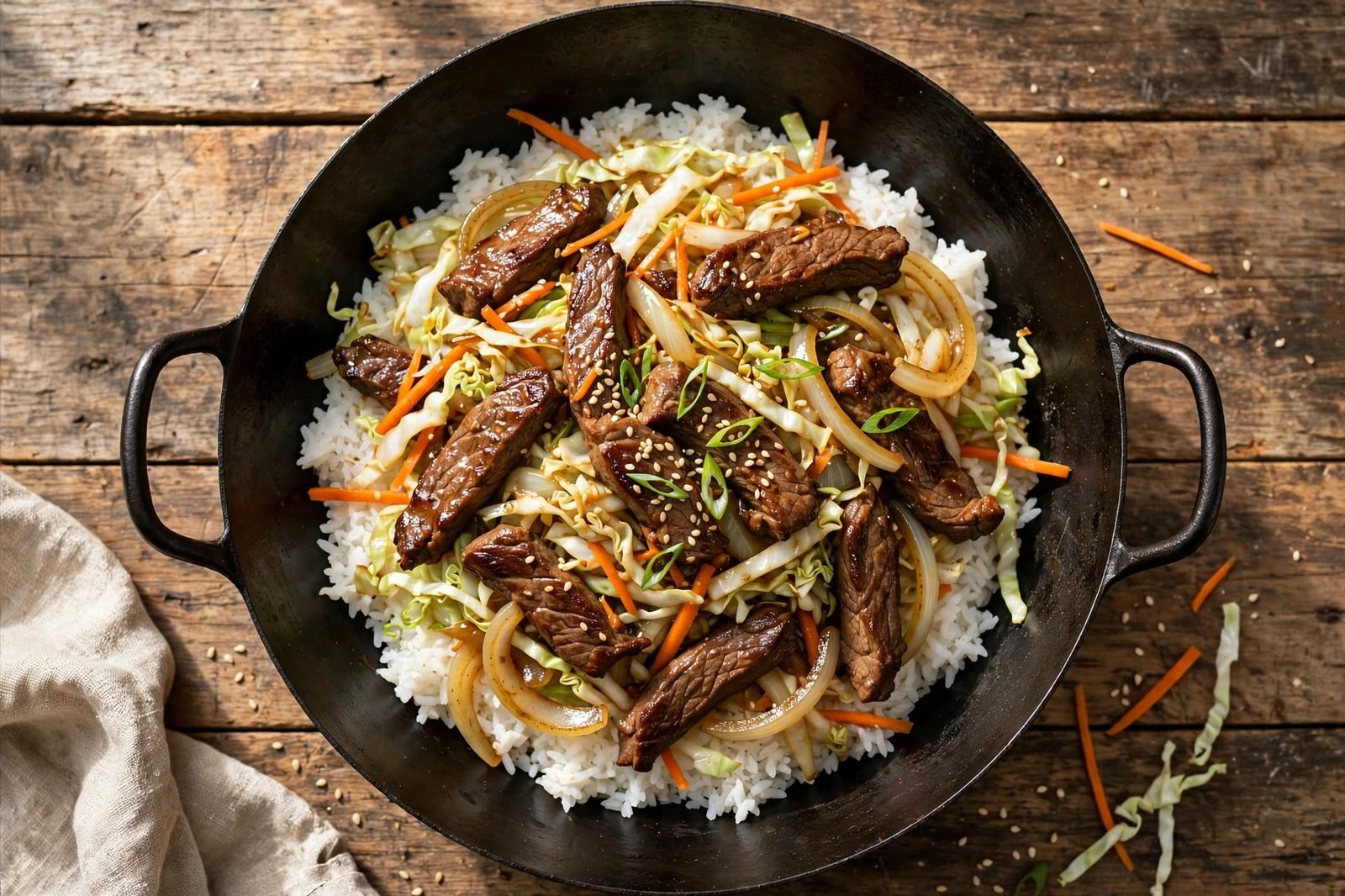 Beef and cabbage stir-fry with sesame seeds and green onions, served over rice