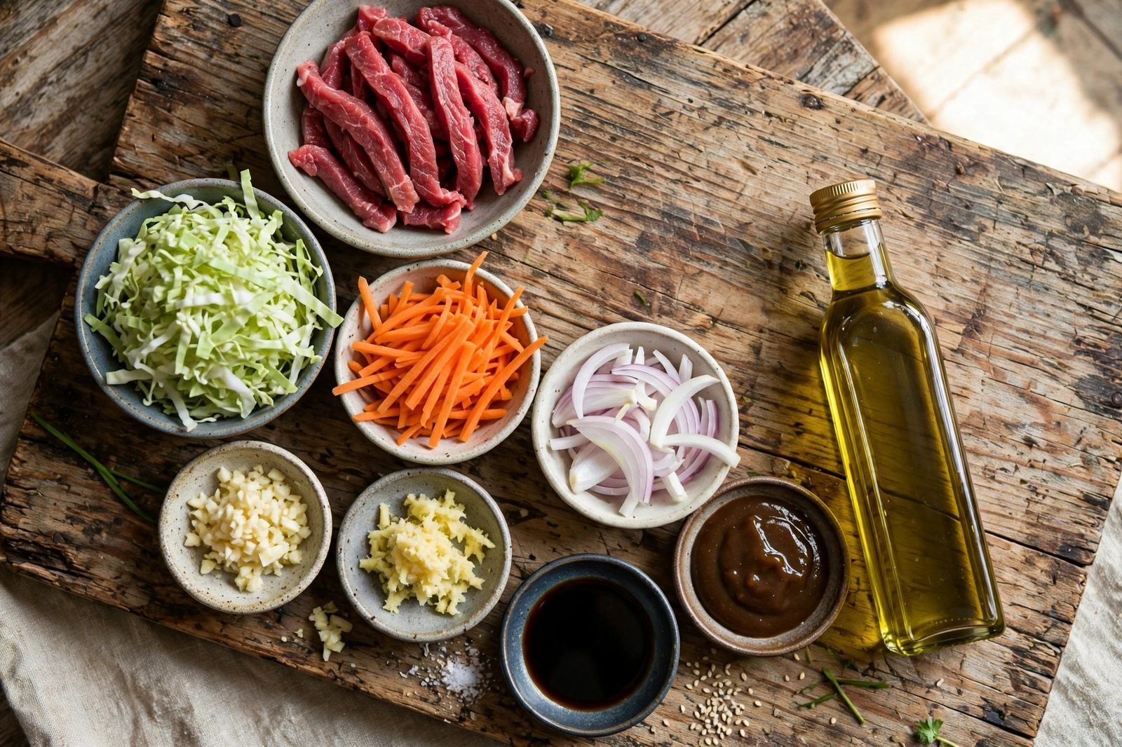 Ingredients for beef and cabbage stir-fry: sliced beef, cabbage, carrots, onion, garlic, ginger, soy sauce, oyster sauce, sesame oil, rice, sesame seeds, and green onions