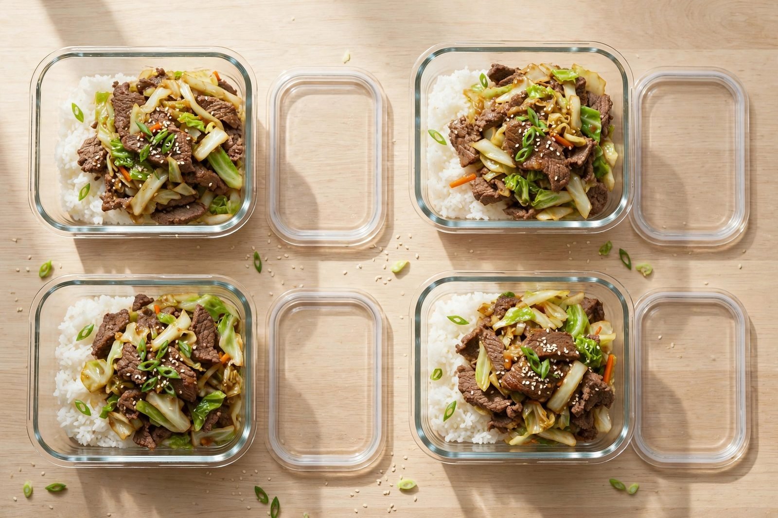 Portioned beef and cabbage stir-fry in meal-prep containers