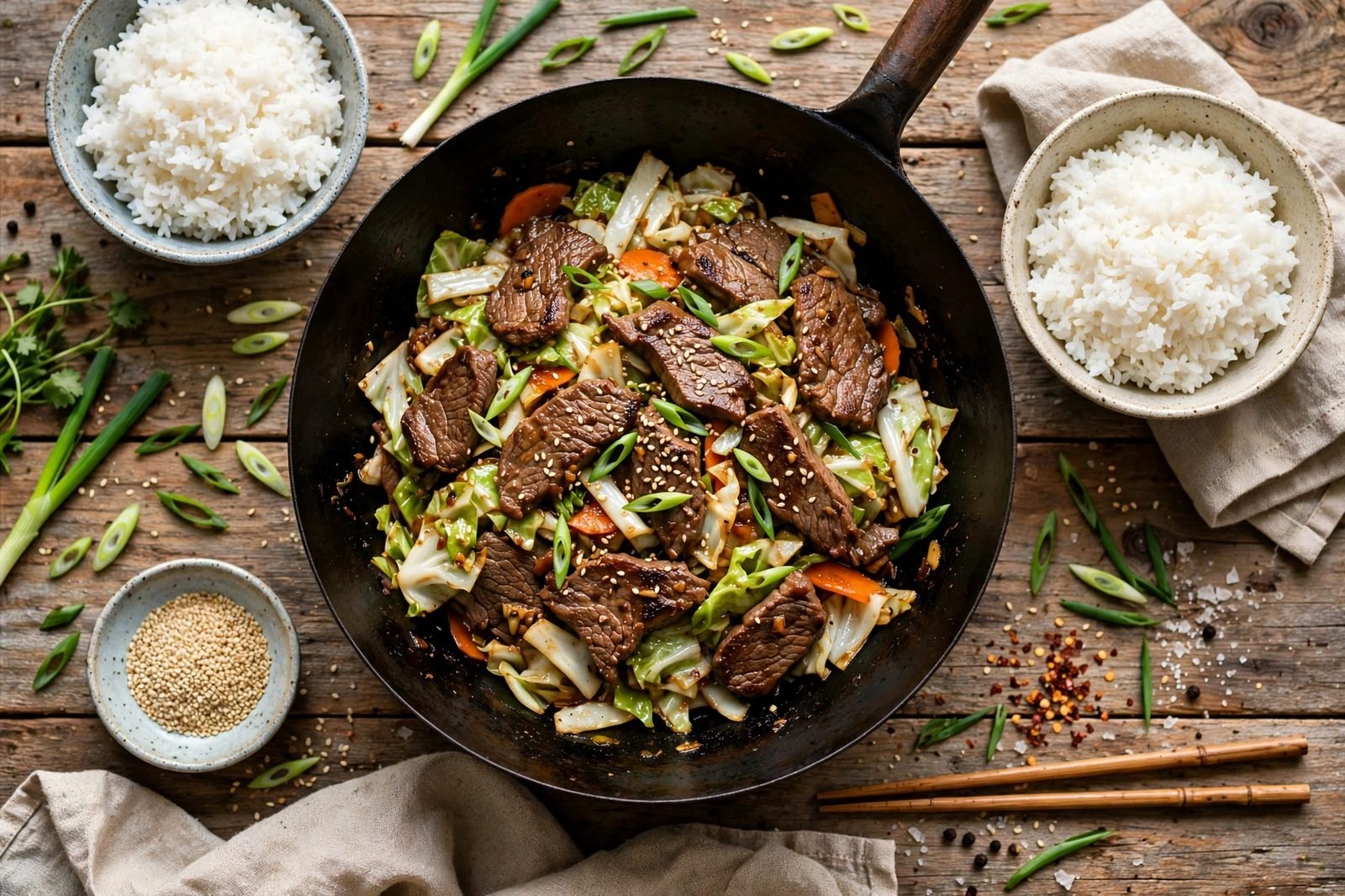 Overhead spread of beef and cabbage stir-fry bowls with rice and chopsticks