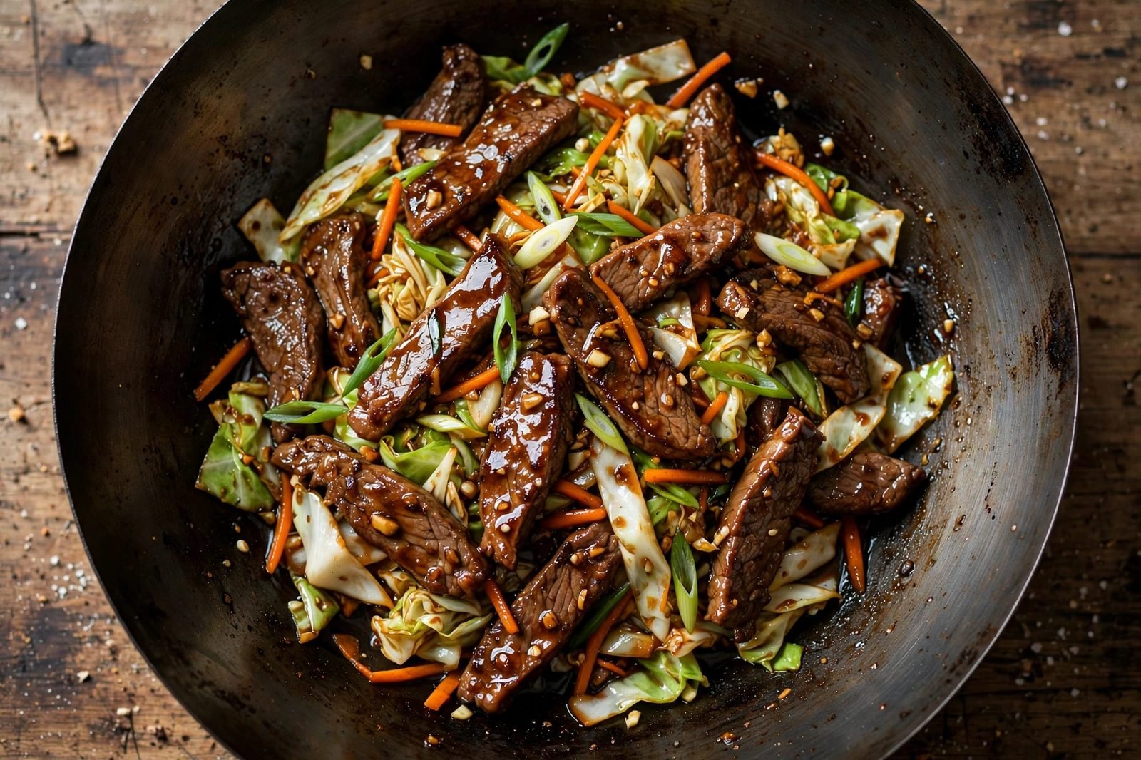 Soy-sesame sauce being poured over beef and vegetables in a wok