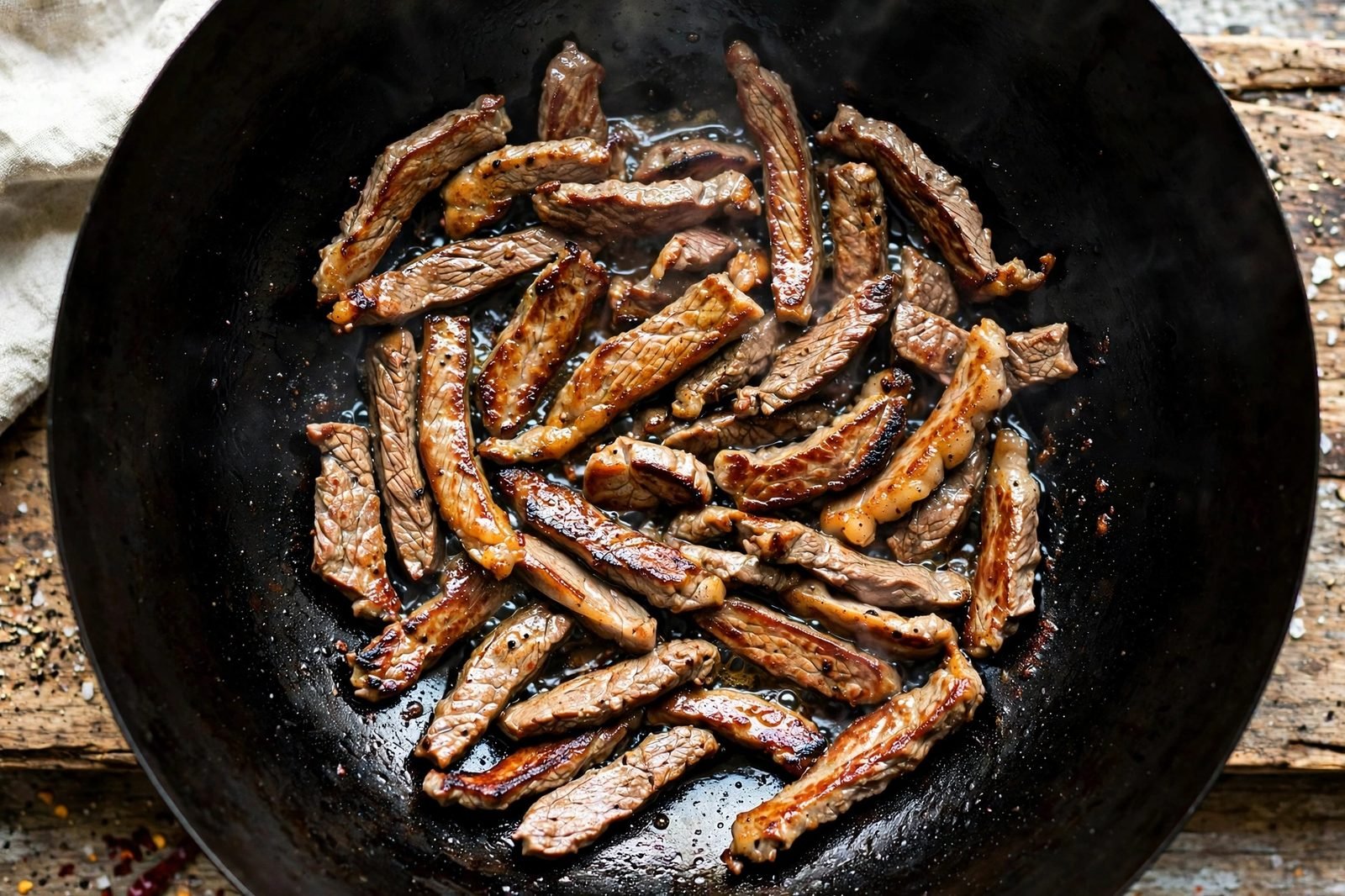 Beef strips searing in a ripping-hot wok