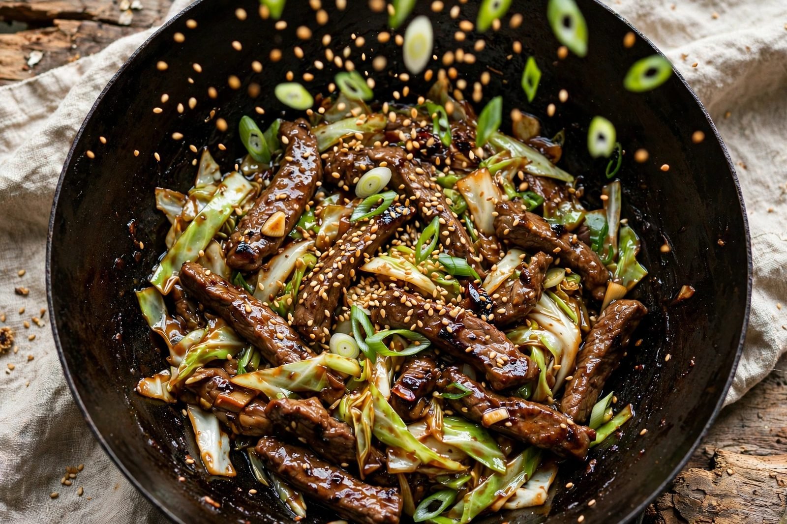 Toasted sesame seeds being sprinkled over beef and cabbage stir-fry