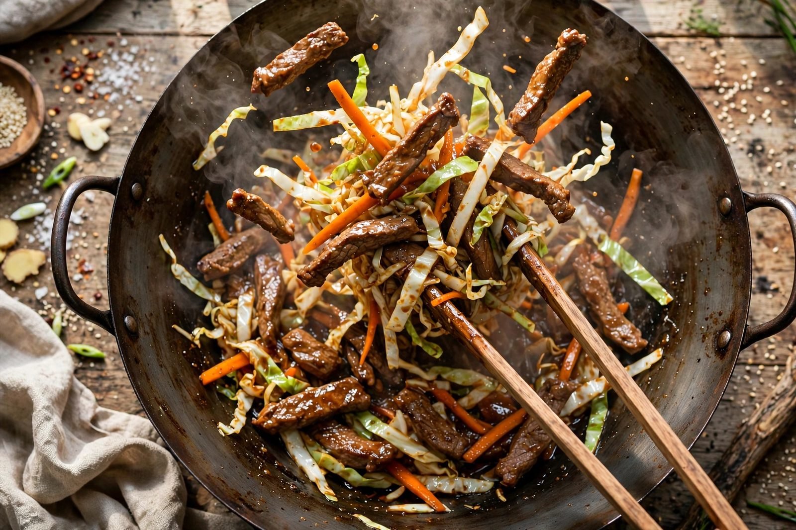 Beef and cabbage stir-fry being tossed in a wok with tongs