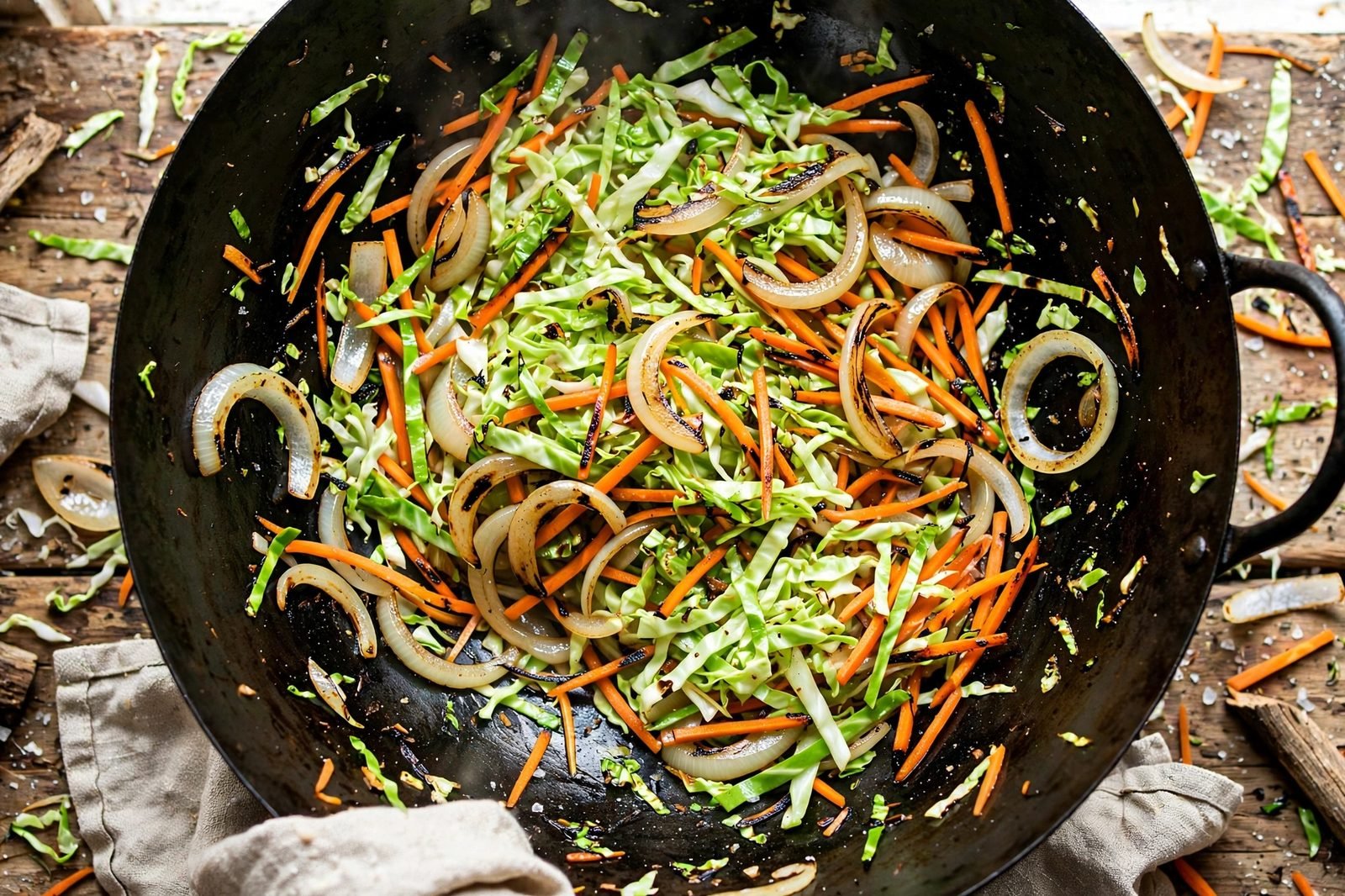 Shredded cabbage, carrots, and onion stir-frying in a wok