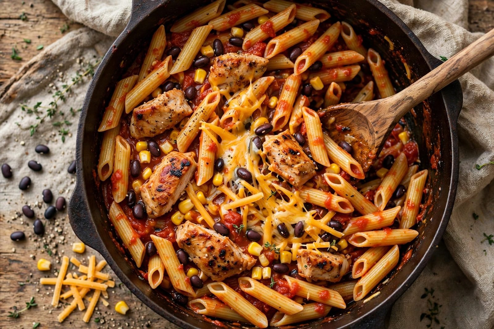 Black beans, corn, seared chicken, and melting cheddar being stirred into the pasta