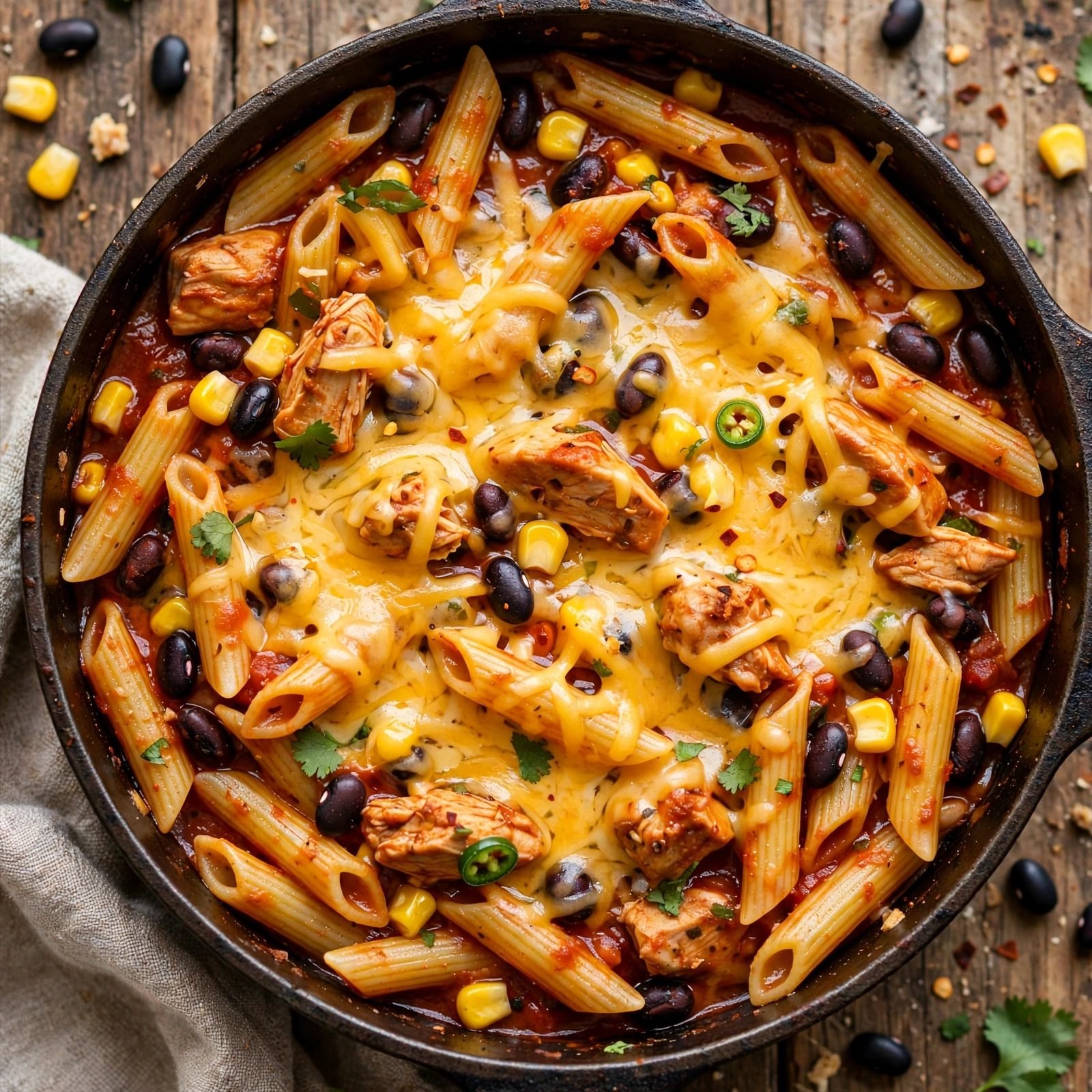 Close-up of shredded cheddar melting over the finished pasta
