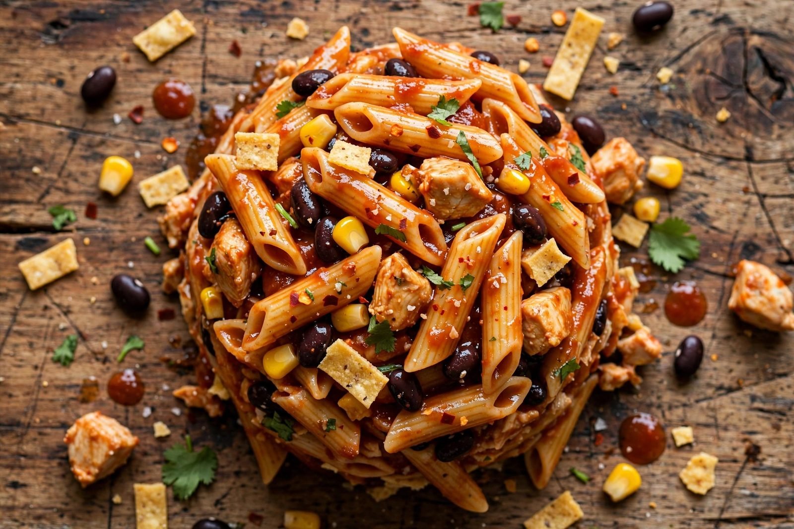 Close-up scoop of penne with chicken, black beans, corn, and glossy tomato sauce