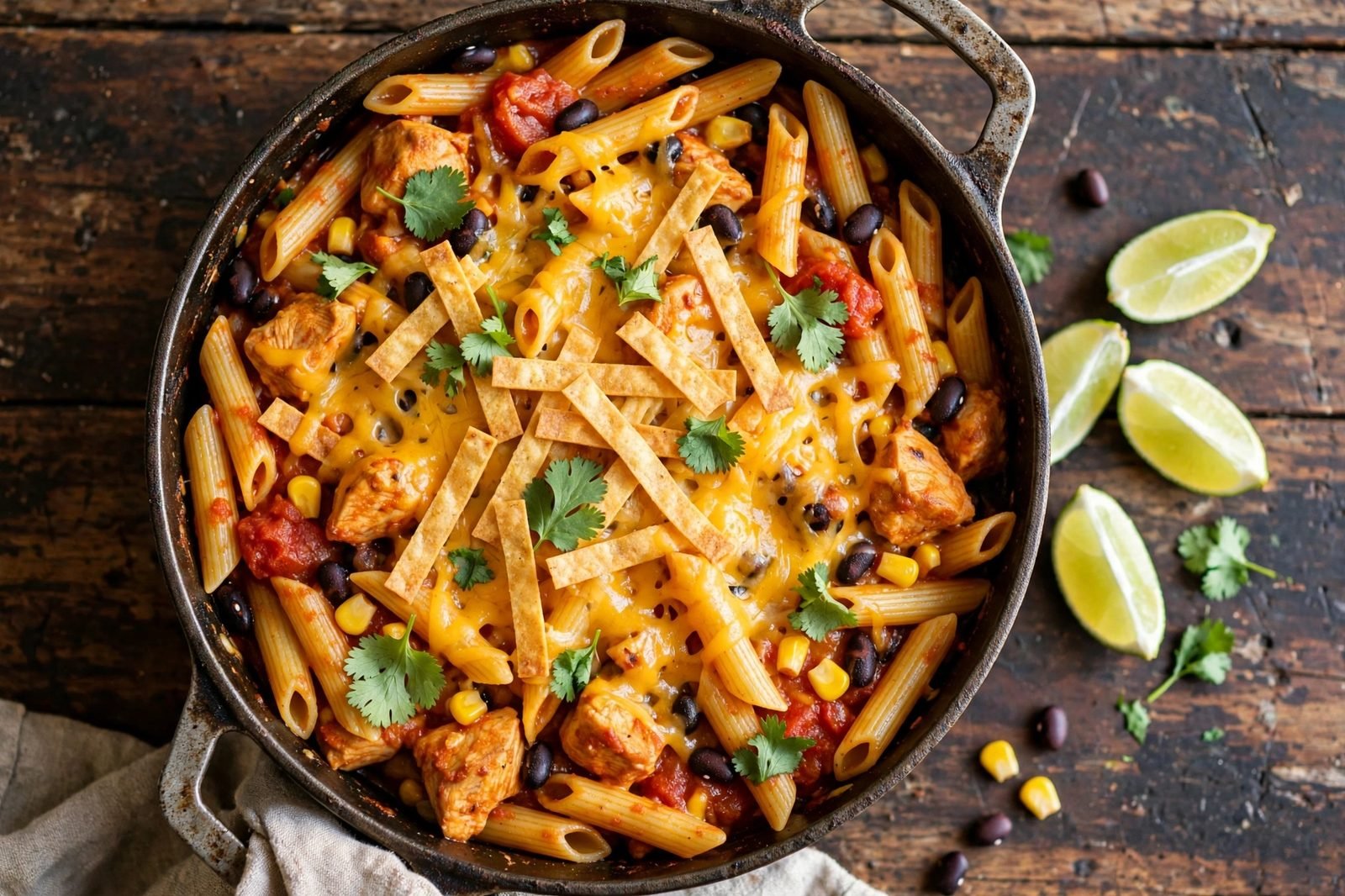 Overhead of the finished pot: penne with chicken, black beans, and corn in tomato sauce, topped with melted cheddar, tortilla strips, cilantro, and lime wedges