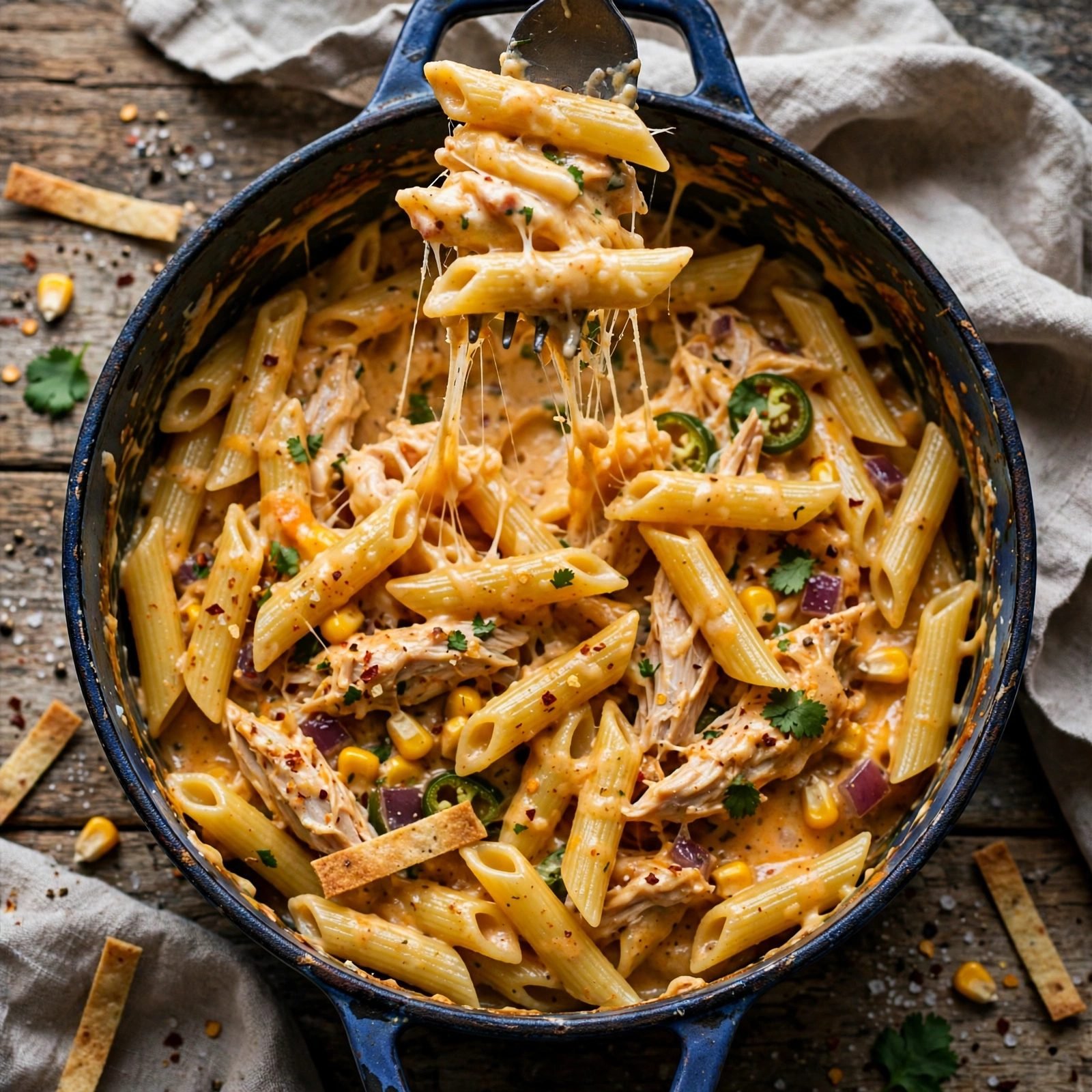 Fork twirling penne lifted from the pot, showing cheesy, saucy strands with chicken and corn