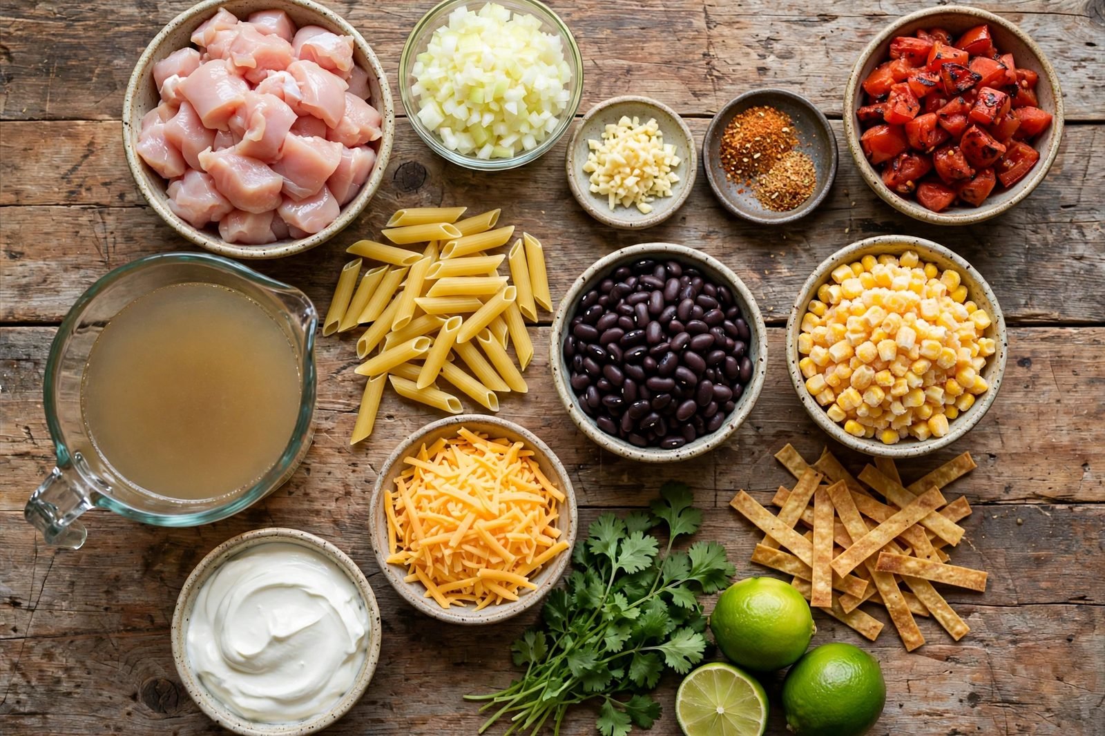 Ingredients for chicken tortilla pasta: chicken pieces, onion, garlic, taco seasoning, fire-roasted tomatoes, chicken broth, dry penne, black beans, corn, cheddar, tortilla strips, cilantro, lime, and sour cream