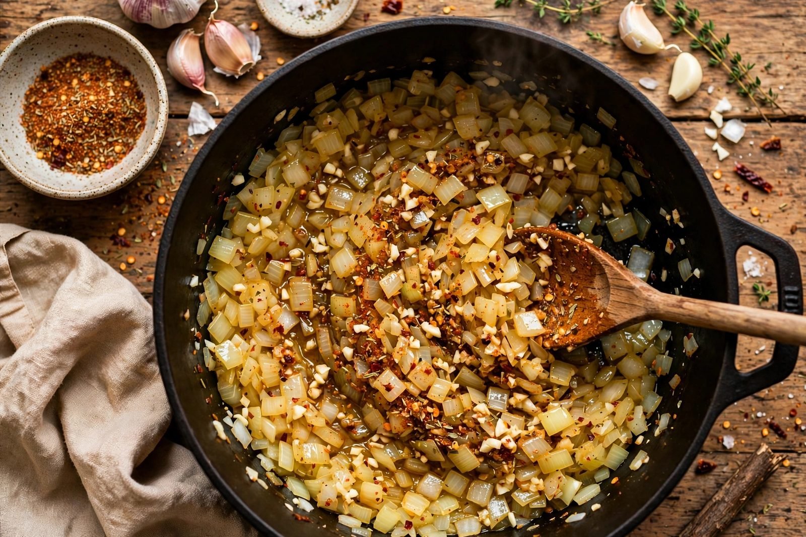 Diced onion softening in the pot with minced garlic and taco seasoning being stirred in