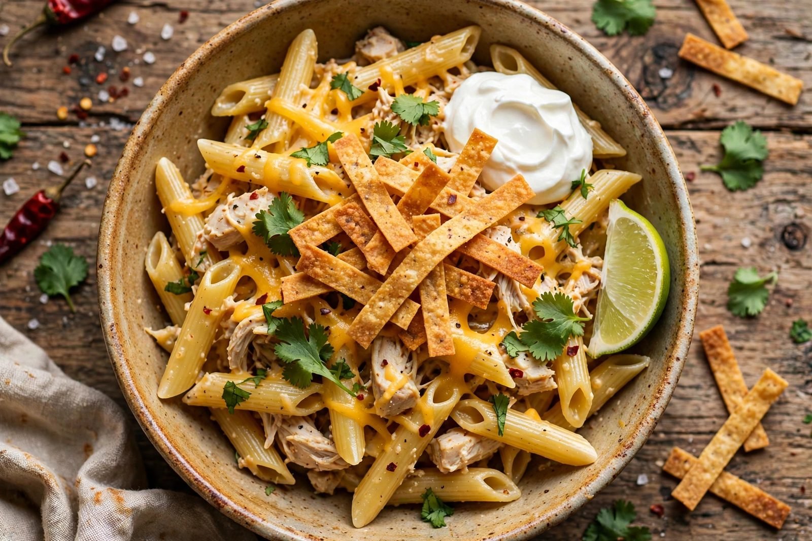 Overhead of a single bowl fully loaded with tortilla strips, cheddar, cilantro, sour cream dollop, and lime wedge
